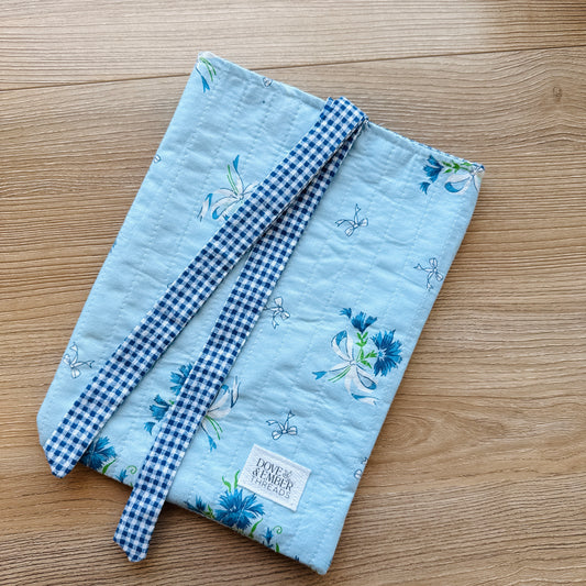 Book & E-Reader Sleeve – Bow/Blue Gingham - Medium - Tie Closure