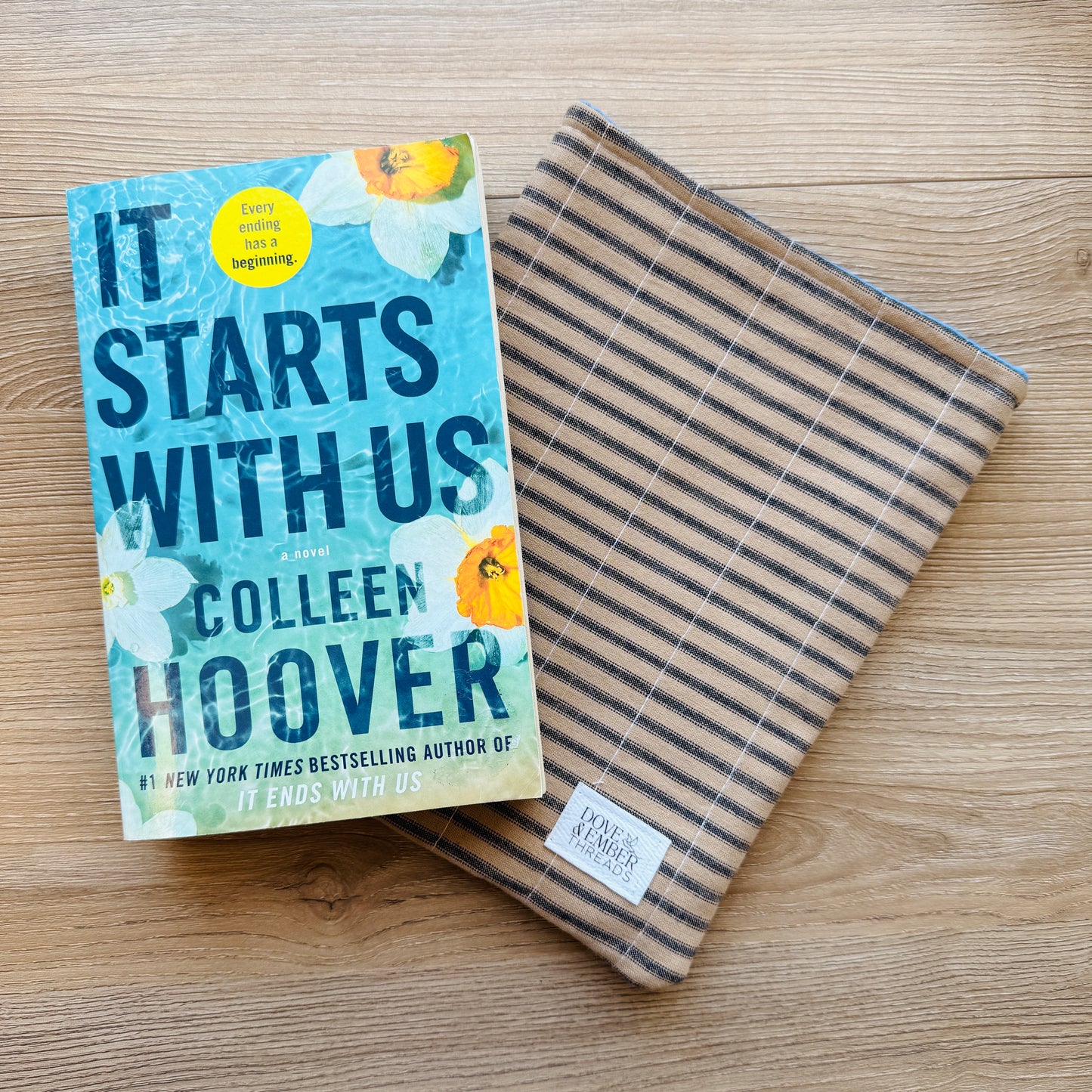 Book & E-Reader Sleeve – Tan Stripe/Dusty Blue - Medium