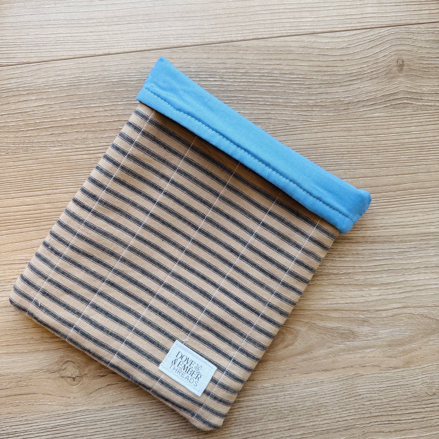 Book & E-Reader Sleeve – Tan Stripe/Dusty Blue - Medium